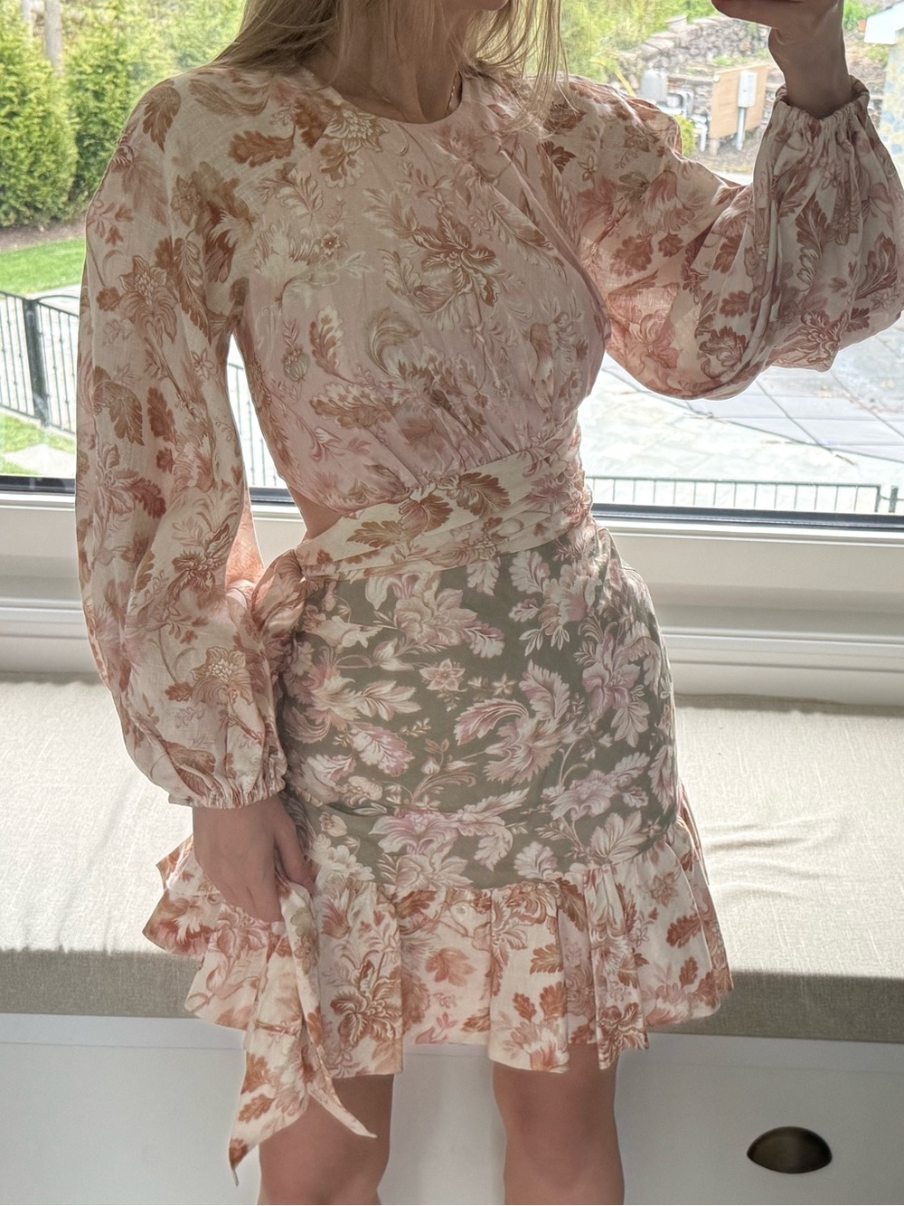 Zimmermann Pink Blush & Sage Floral Puff-Sleeve Mini Dress